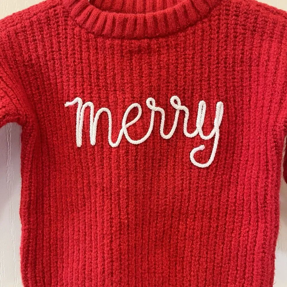 Old Navy Red Merry Embroidered Christmas Sweater Baby Girls Size 3-6 Months NWT